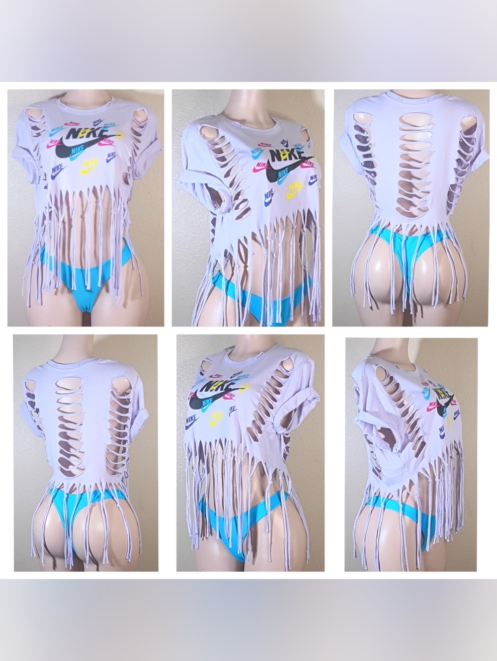 Lavender Fringe Cutout Tee with Multicolor Logos